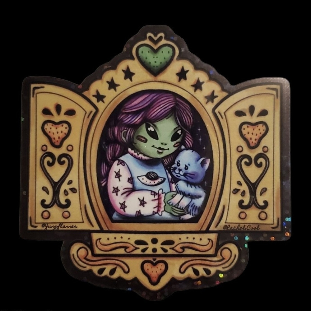 Alien Strawberry Shortcake & cat vintage glitter sticker